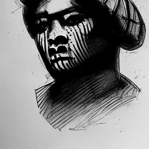 Prompt: street thug, character portrait, ink drawing, black and white, clean lines, concept art in the style of tim bradstreet