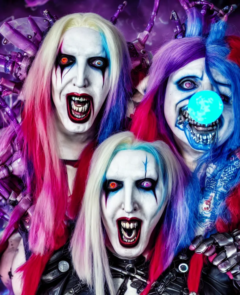 Image similar to Marilyn Manson and Ziggy Ramirez as Harley Quin (The Suicide Squad), epic angle and pose, symmetrical artwork, 3d with depth of field, blurred background, cybernetic jellyfish female face skull phoenix bird, translucent, nautilus, energy flows of water and fire. a highly detailed epic cinematic concept art CG render. made in Maya, Blender and Photoshop, octane render, excellent composition, cinematic dystopian brutalist atmosphere, dynamic dramatic cinematic lighting, aesthetic, very inspirational, arthouse. y Greg Rutkowski, Ilya Kuvshinov, WLOP, Stanley Artgerm Lau, Ruan Jia and Fenghua Zhong