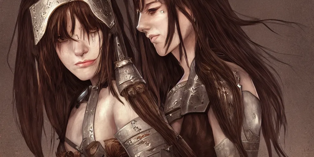 Prompt: 2 5 years old women : : dark straight hair : : overwheight, brown medieval cloting, light armor, natural materials : : high detail, digital art, illustration, realistic, rpg, fantasy