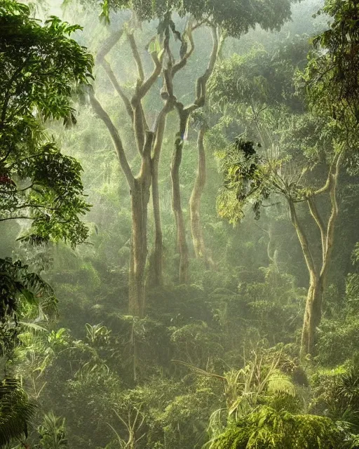 Prompt: photo of a beautiful heavenly kingdom built with sticks and stones in the deep jungle, misty godrays