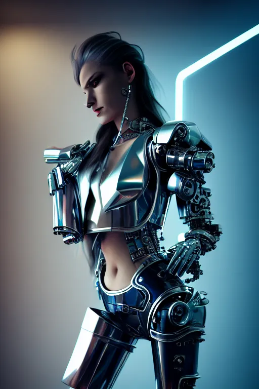 Image similar to edgy powerful female chrome futuristic cyborg with curved metal Loki horns, , full body, chrome motorcycle parts and machine abstract background, neon bar lights, 3d render, octane, 8k, volumetric lighting, hyper-realistic, dark fantasy, diffuse lighting, intricate, highly detailed, lifelike, photorealistic, digital painting, trending on artstation, smooth, sharp focus, art by John Collier and Albert Aublet and Krenz Cushart and Artem Demura and Alphonse Mucha