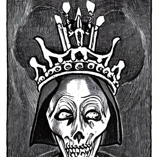 Prompt: lich wearing a crown 1930 cartoon illustration black and white lineart detailed technical drawing