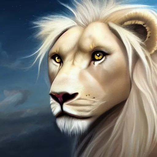 Image similar to a beautfiul aesthetic commission portrait of a anthro albino lion looking at the sky worried,attractive beautiful face,detailes face,expression,natural lighting,fantasy art,deviantart,artstation,character design by charles bowater,ross tran,4k,photorealistic,highly realistic,unreal emgine 5