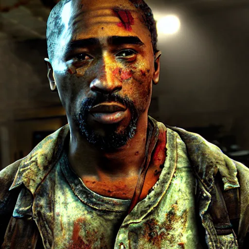 Prompt: TLOU The Last Of Us Screenshot tupac shakur from The Last Of Us full body model tupac shakur very rusty very worn out very torn texture