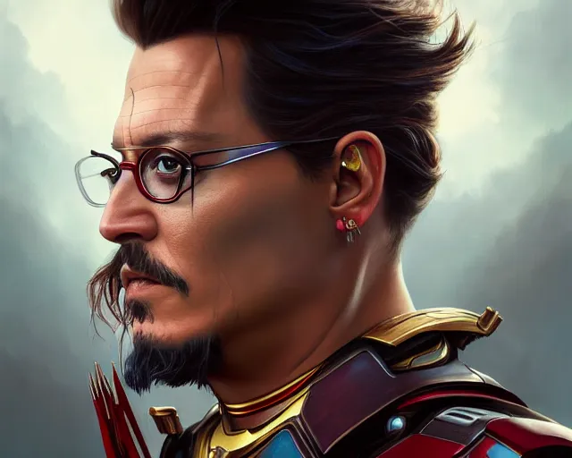 Image similar to photography of johnny depp as ironman, deep focus, d & d, fantasy, intricate, elegant, highly detailed, digital painting, artstation, concept art, matte, sharp focus, illustration, hearthstone, art by artgerm and greg rutkowski and alphonse mucha