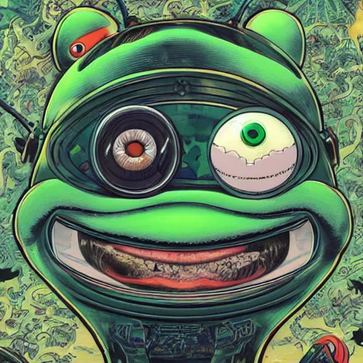 Image similar to portrait of pepe the frog wearing vr headset, symmetrical, by yoichi hatakenaka, masamune shirow, josan gonzales and dan mumford, ayami kojima, takato yamamoto, barclay shaw, karol bak, yukito kishiro