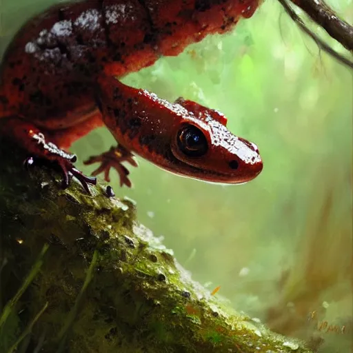 Prompt: Cute adorable sweet marshmallow salamander crawling from a cacao swamp, oil painting, by Greg Rutkowski