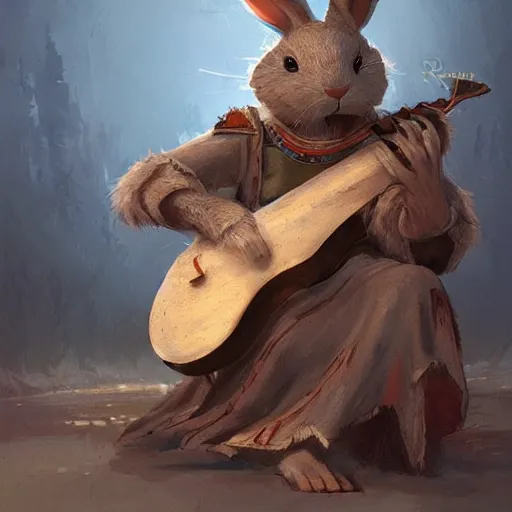 Prompt: An anthropomorphic rabbit plays the lute, highly detailed, artstation, greg rutkowski