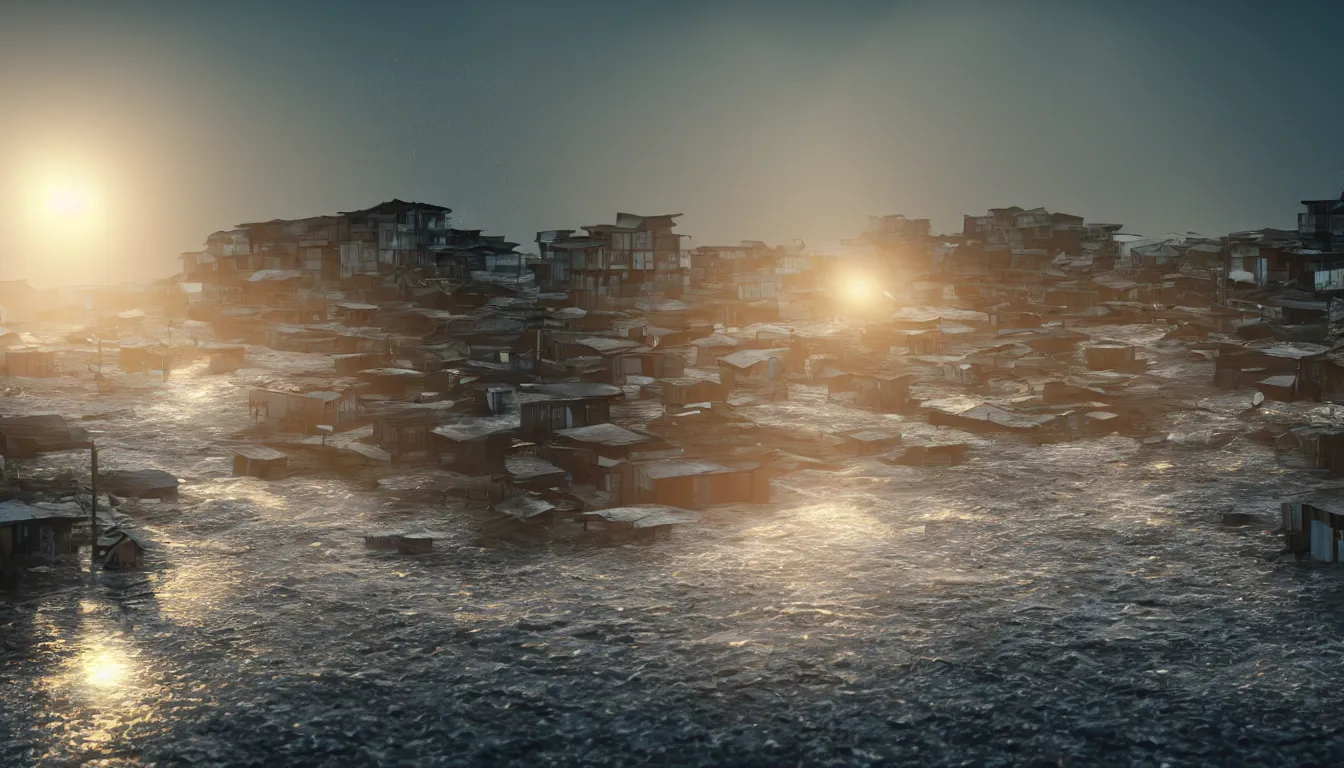 Prompt: Slum housing emerging from crashing tidal wave landscape, volumetric light , full colour ,4k