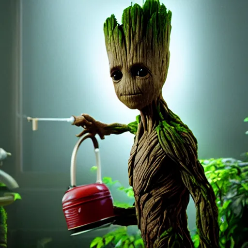 Prompt: photorealistic shot of Groot watering a tiny Audry II from little shop of horror with a watering can, octane render, unreal engine 4k, volumetric light, fog, detailed,