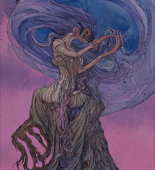 Image similar to a watercolor ink painting of the primordial eldritch goddess of natural - disasters in the style of jean giraud in the style of moebius trending on artstation deviantart pinterest detailed realistic hd 8 k high resolution