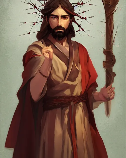 Prompt: an anime portrait of jesus as a beautiful man wearing a kimono and a crown of thorns from skyrim, by stanley artgerm lau, wlop, rossdraws, james jean, andrei riabovitchev, marc simonetti, and sakimichan, trending on artstation