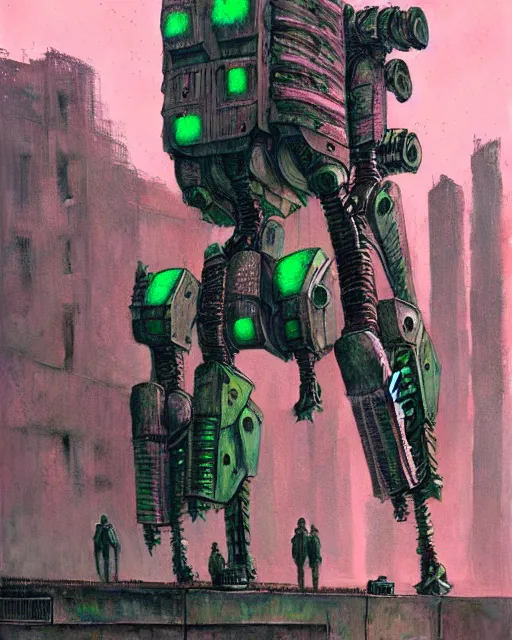 Prompt: hyperrealistic exoskeleton mecha iridescent pink brutalist city ruins background concept art santiago caruso de chirico sharp very dramatic green light 8k low angle shallow depth of field