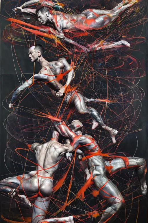 Image similar to muscular men entwined together, floating in space, zero gravity, inside a brutalist space ship, gothic, rich deep colours, painted by francis bacon, adrian ghenie, james jean and petra cortright, part by gerhard richter, part by jenny saville, part by takato yamamoto. 8 k masterpiece