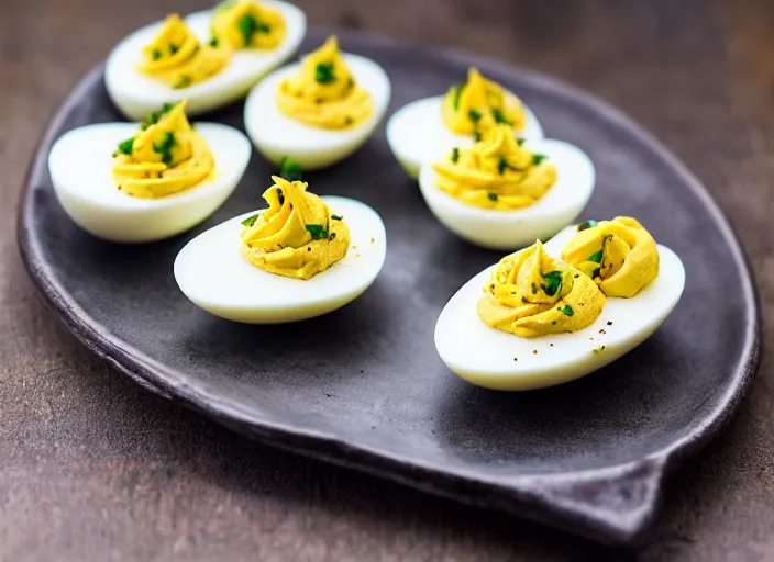 Image similar to dslr food photograph of a deviled eggs, 8 5 mm f 1. 8