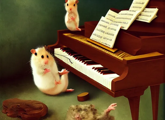 Image similar to a hamster playing piano, lowbrow in the style of camille rose garcia and mark ryden and salvador dali, 8 k, matte painting