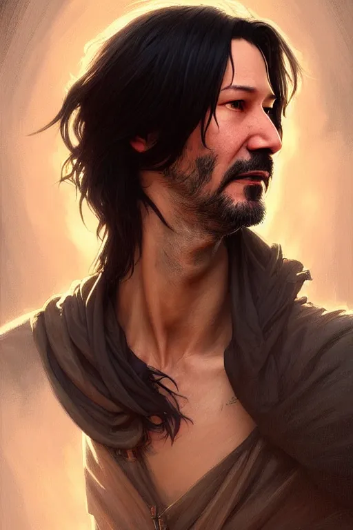 Image similar to Portrait of Keanu, D&D, face, fantasy, intricate, elegant, highly detailed, digital painting, artstation, concept art, smooth, sharp focus, illustration, art by artgerm and greg rutkowski and alphonse mucha