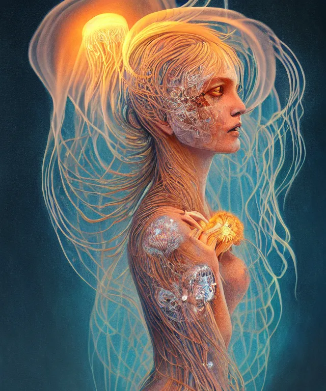 Image similar to portrait of a goddess of death with (reaction diffusion) scaled fish skin Bioluminescent phoenix jellyfish, burning phoenix halo, Her breath shot a haze of steam out into the frosty morning air concept, soft light, soft mood, realistic body features and face, illustration,intricate ornament halo, painting oil on canvas by Elena Zhurikhina and Goro Fujita and Charlie Bowater, octane render trending on artstation, 4k, 8k, HD