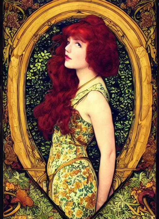 Image similar to masterpiece beautiful flowing curves pin up pose preraphaelite portrait photography, extreme closeup shot, straight bangs, thick set features, yellow ochre ornate medieval dress, amongst foliage mushroom forest arch, circle, william morris and kilian eng and mucha, framed, 4 k