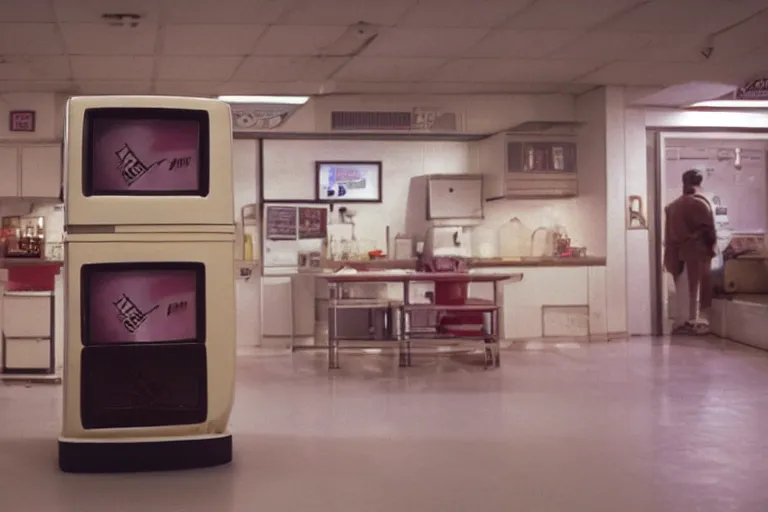 Prompt: an ice cream fridge in the middle of a neapolitan ice cream river, from 1 9 8 5, bathed in the glow of a crt television, crt screens in background, low - light photograph, scene from a jj abrams movie