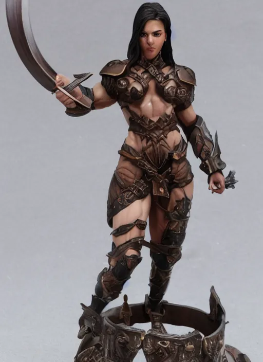 Prompt: 80mm resin detailed miniature of a beautiful muscular female, clothed in worrier armor, brown skin, short dark hair, beautiful bone structure, symmetrical facial features, Product Introduction Photos, 4K, Full body