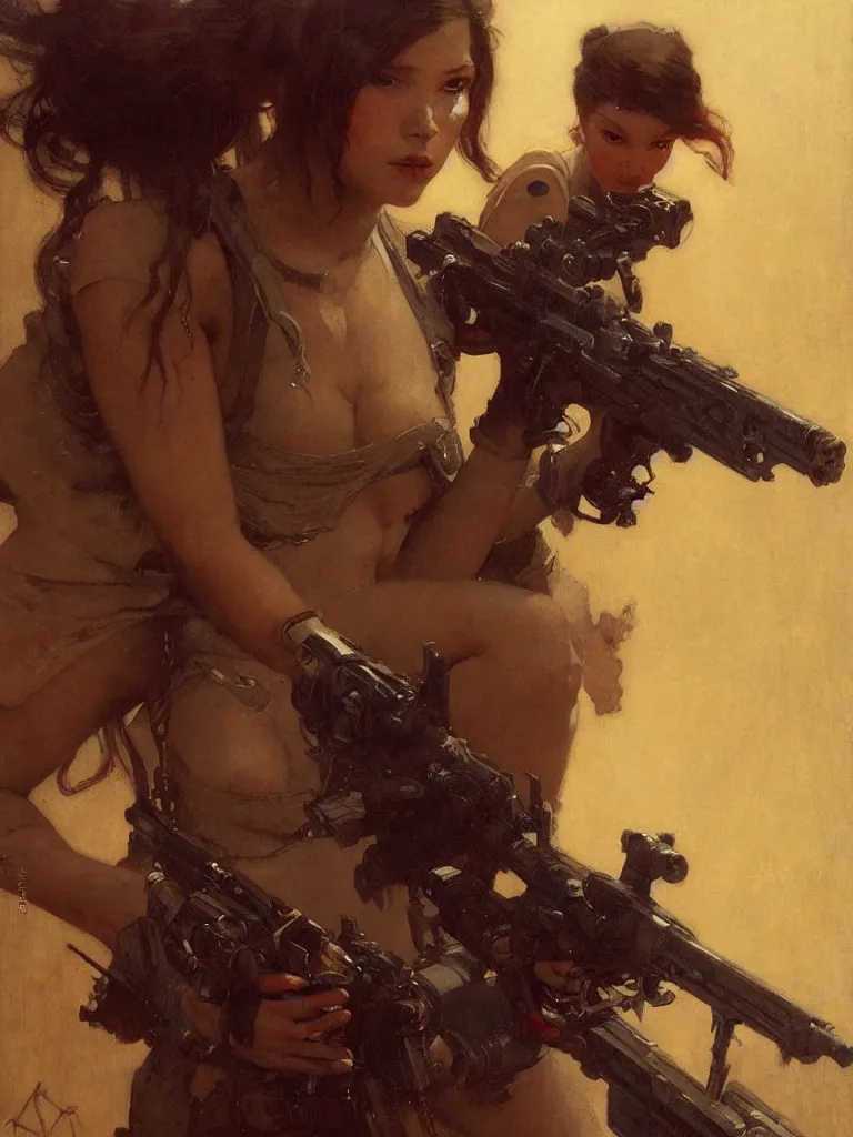 Image similar to portrait max mad cyberpunk, girl with a rifle character design, painting by gaston bussiere, katsuya terada, nc wyeth, greg rutkowski, craig mullins, vermeer, frank frazetta, tom of finland, trending on artstation, jeffery catherine jones