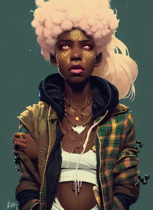 Prompt: highly detailed portrait of a sewer punk african lady, tartan hoody, white afro hair by atey ghailan, by greg rutkowski, by greg tocchini, by james gilleard, by joe fenton, by kaethe butcher, gradient peach, brown, blonde cream and white color scheme, grunge aesthetic!!! ( ( graffiti tag wall background ) )