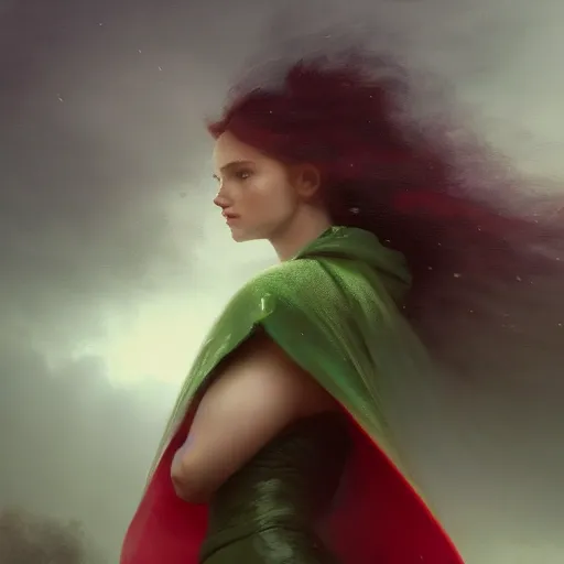 Image similar to epic portrait an beautiful woman wearing green cape with a hood on, armor, goddess, wet flowing red hair, forest blurry backround, broad light, ambient occlusion, volumetric light effect, made by ivan aivazovsky, peter mohrbacher, greg rutkowski, matte painting, trending on artstation, 4 k, perfectly defined features, digital painting,