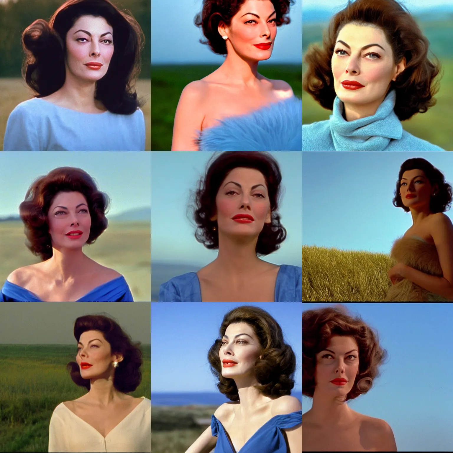 Prompt: natural 8 k shot from a 2 0 0 5 romantic comedy by sam mendes of ava gardner with natural face, natural skin, beauty spots and very small lips. she stands and looks on the horizon with winds moving her hair. fuzzy blue sky in the background. small details, natural lighting, 2 4 mm lenses, sharp focus