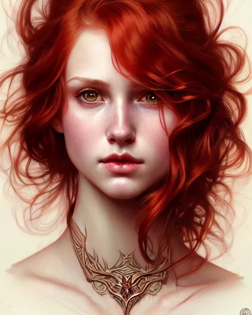 Image similar to a girl with medium length wavy red hair, septum piercing, fantasy character portrait, ultra realistic, intricate, elegant, highly detailed, digital painting, artstaion, smooth, sharp, focus, illustration, art by artgerm and greg rutkowski and alphonse mucha