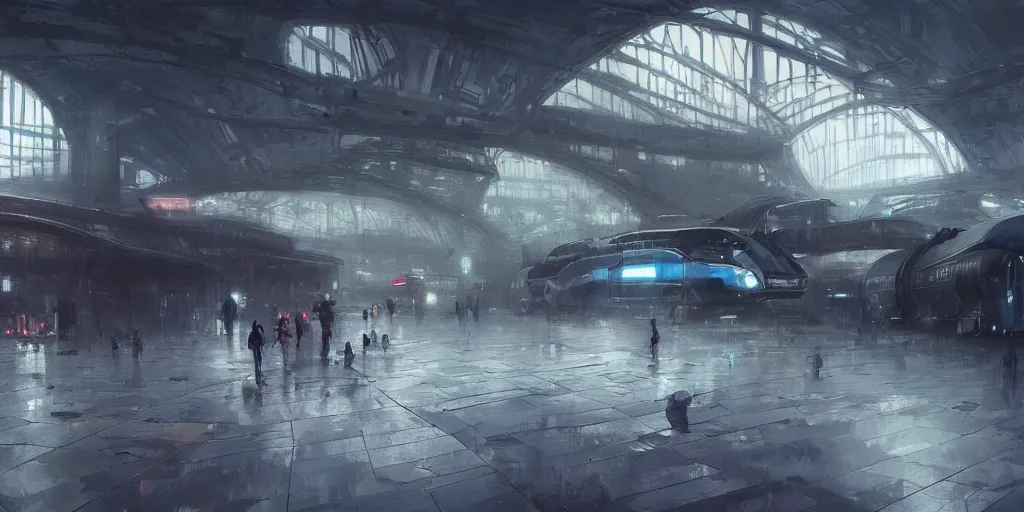 Prompt: futuristic train station by greg rutkowski and ruan jia, washed colors, dark, moody, gloomy, foggy,