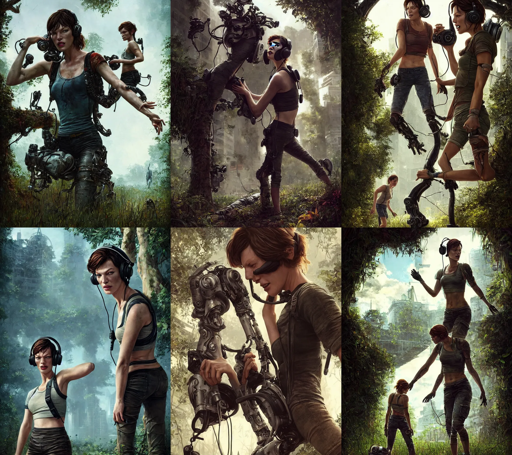 Prompt: glamour photo : ( subject = milla jovovich, young charlotte rampling hybrid + subject detail = wearing!! futuristic headphones!! crop top and cargo shorts, shapely, luscious ) in the last of us, photo by stephen bliss, rhads, ferdinand knab, rossdraws, tom bagshaw, global illumination