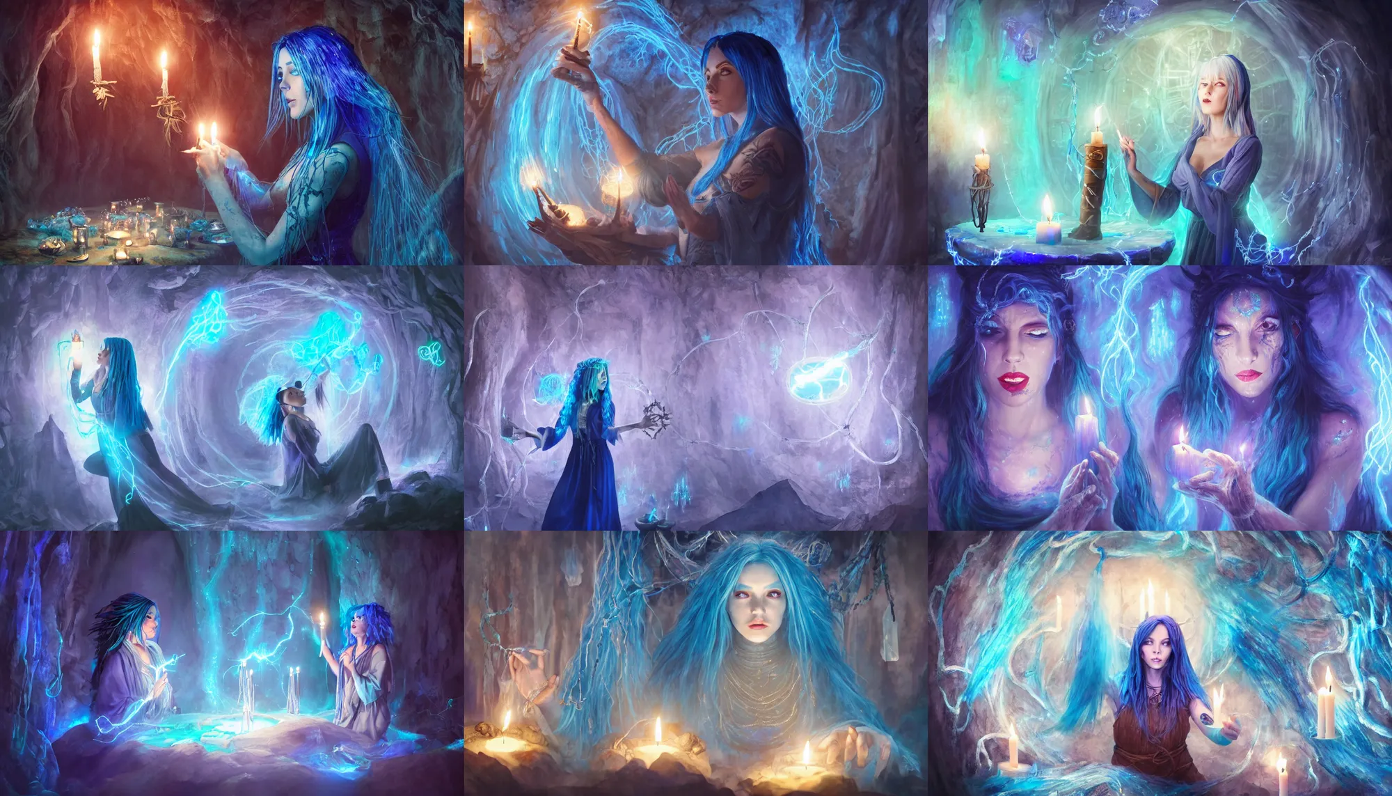 Prompt: blue haired female witch casting a spell, sigils, floating runes, floating candles, flowing robes, in a cave with glowing crystals on the walls, electric vines, fantasy, cinematic composition, dramatic lighting, detailed painting, clean design, trending, 8 k,