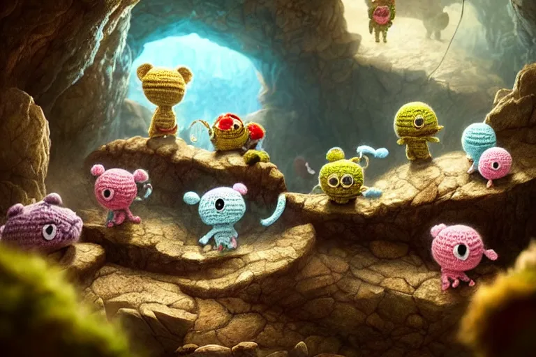 Image similar to an expedition of crochet cute monsters discovering a new cave underground. cute, illustration, digital art, inspired by little big planet, by greg rutkowski, detailed, sharp, masterpiece, highly detailed, photorealistic, octane render, 8 k, unreal engine 5, trending on artstation, vivid colors