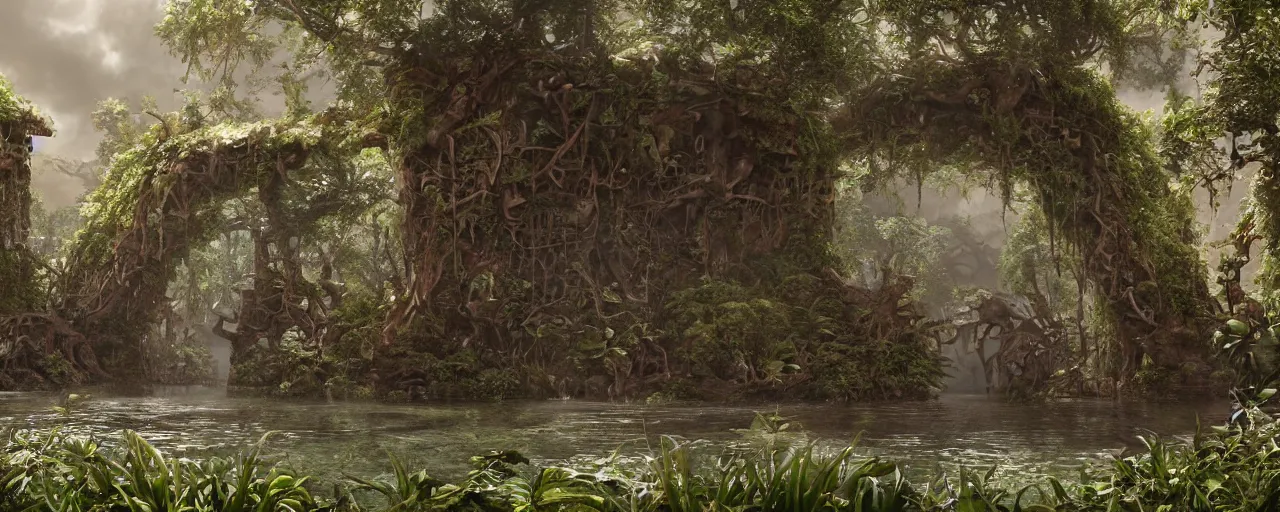 Prompt: an intricate concept art of a large structure tribal door opening in an undergrowth lagoon, artstation, sci - fi, hyper realistic, concept art, art by dylan cole, cinematic lighting, octane render