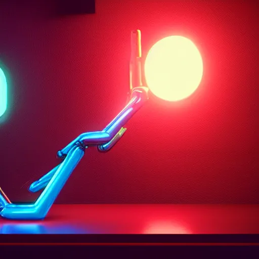 Image similar to cyberpunk red neon arm prostetic on an iron table, octane render, 3D, hard backlight, bokeh, !!!award-winning!!!