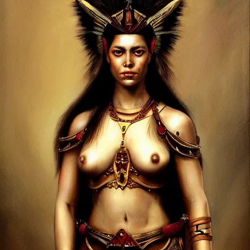 Prompt: the portrait of jenny the vixen ryan as an amazon warrior queen by roberto ferri, fantasy, witcher, very detailed oil painting, masterpiece, 8 k, full face