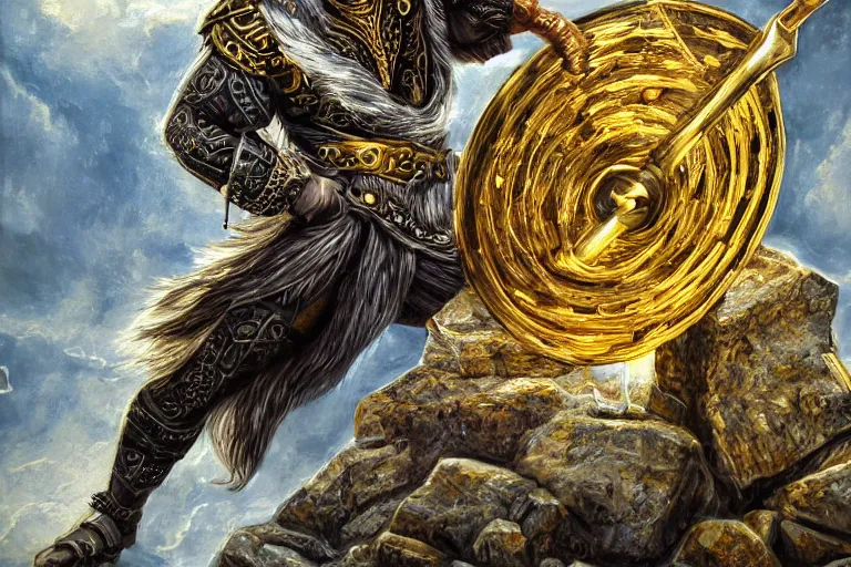 Image similar to mythological odin all father supreme God of thunder and smithing and artificial intelligence creating an artificial neural network with gold synapses on an anvil with his mighty hammer, high resolution, award winning art, trending on art station, sharp image, incredibly detailed, detailed character, realistic painting, hyperrealistic painting