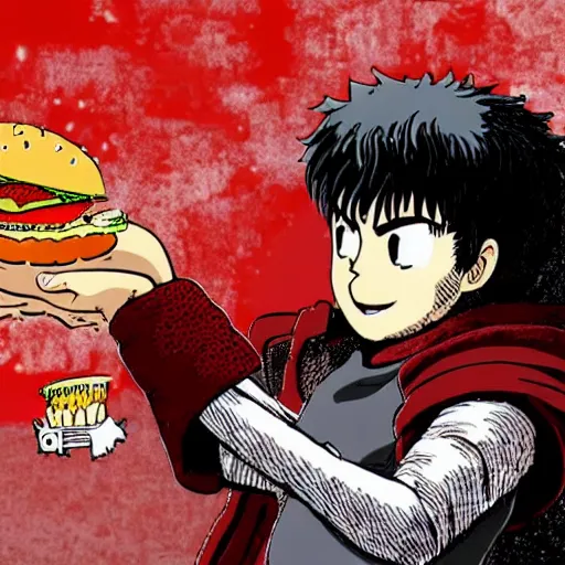 Prompt: guts from berserk eating a hamburger
