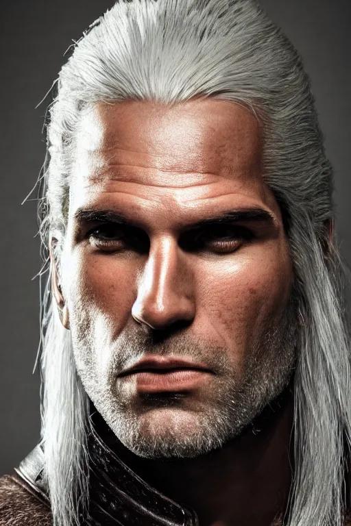 Image similar to portrait of geralt of rivia, 5 5 mm lens, professional photograph, times magazine, serious, stern look