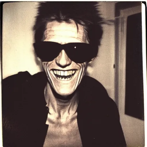 Prompt: A creepy polaroid photo of skinny Willem Dafoe in shorts chasing you down a hallway with huge grin on face