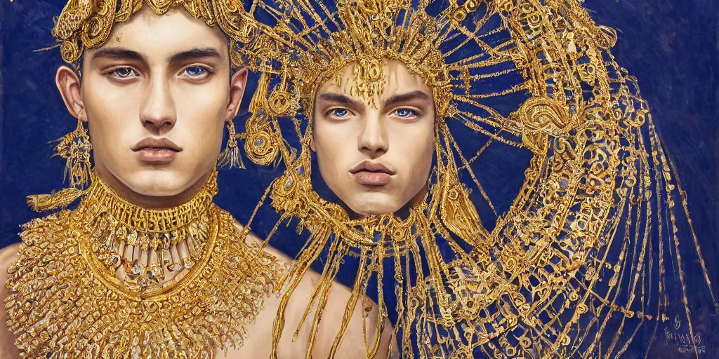 Image similar to dramatic studio portrait of a beautiful flawless symmetrical man wearing intricate otherworldly gold and white jewelry and wearing an ornate elegant gold headdress, hyper realism, very detailed