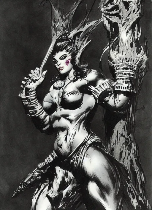 Image similar to female vetala, strong line, deep color, beautiful! coherent! by frank frazetta, high contrast