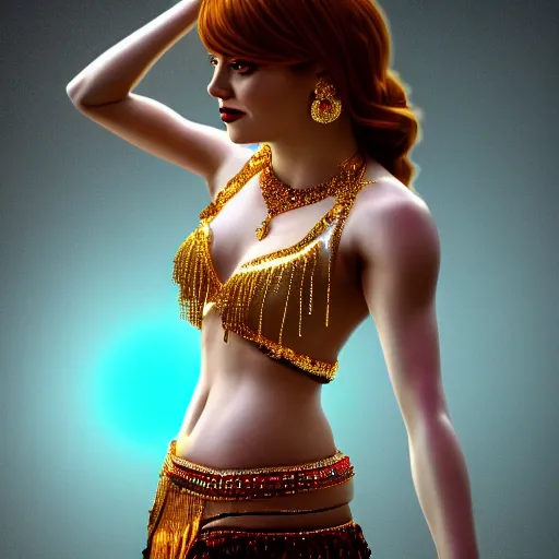 Prompt: a photorealistic portrait of actress emma stone dressed as a belly dancer, arabian night, volumetric lightening, octane render, high quality, fully detailed, 4 k, in focus sharp face with fine details, realistic hands and anatomical composition, inspired by belly dancer on youtube, alphonse mucha, masterpiece, stunning