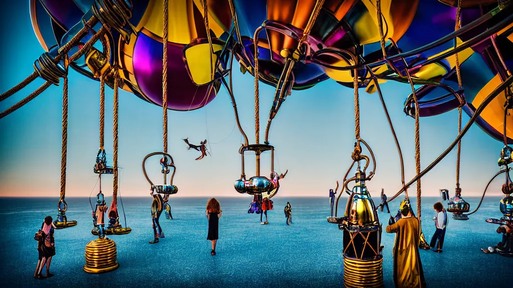 Image similar to large colorful futuristic space age metallic steampunk steam - powered balloons with pipework and electrical wiring around the outside, and people on rope swings underneath, flying high over the beautiful ibiza landscape, professional photography, 8 0 mm telephoto lens, realistic, detailed, photorealistic, photojournalism