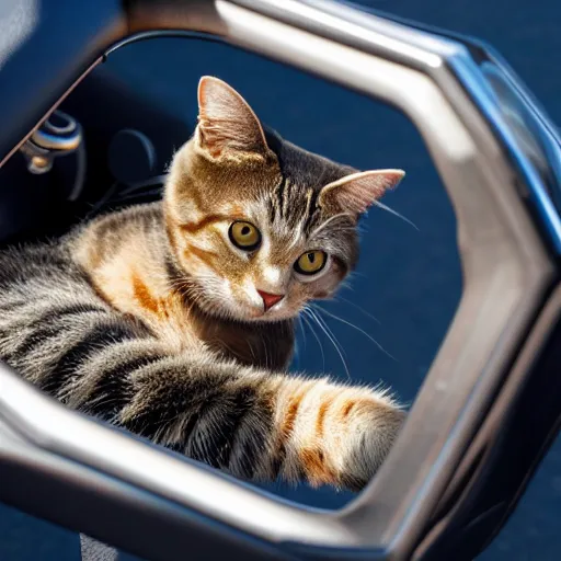 Image similar to top view of cabriolet, cat sitting in driver seat with paws resting on top of steering wheel, golden hour, top view