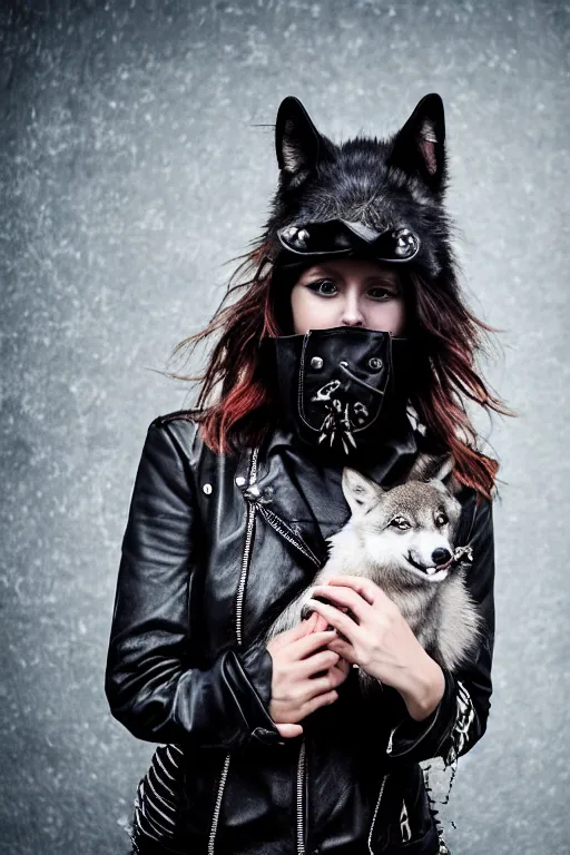 Image similar to photographic portrait of a punk girl in a leather jacket wearing a wolf's head over her face, fashion shoot, cool girl with wolf on her head