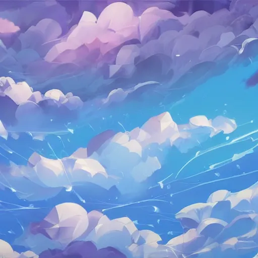 Image similar to background art of spaciously scattered longswords flowing and floating through the blowing swirling directional wind from left to right on a simple cloudy sky background, big puffy clouds, large individual rose petals, angular background elements, polygonal fragments, anime, artgerm, manga, trending on artstation, art nouveau, mature color scheme