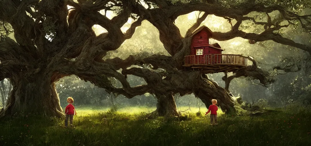 Image similar to Kid with red radioflyer standing in front of beautiful tree house in an old oak tree on a beautiful meadow with flowers, dramatic lighting, cinematic, establishing shot, extremly high detail, photo realistic, cinematic lighting, post processed, concept art, artstation, matte painting, style by eddie mendoza, raphael lacoste, alex ross