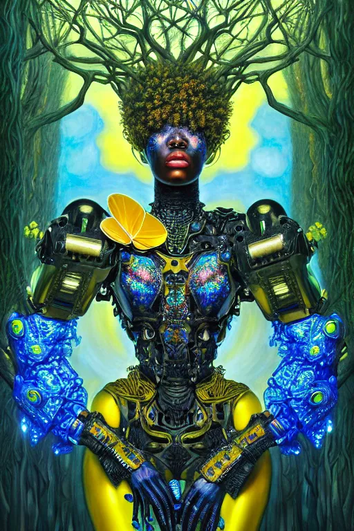 Image similar to hyperrealistic maximalist super expressive! black woman with exoskeleton armor, merging with tree in a forest, highly detailed digital art masterpiece smooth cam de leon hannah yata dramatic pearlescent blue yellow light ground angle hd 8k sharp focus